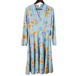 VTG Whirlaway Frocks Floral Pleated Midi Dress Size L Teal Long Sleeve Womens